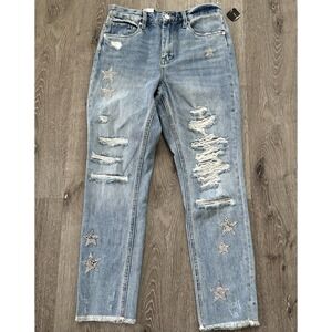 BlankNYC Jeans Women's 27 The Ludlow Crop Girlfriend Raw Hem Distress Star Patch